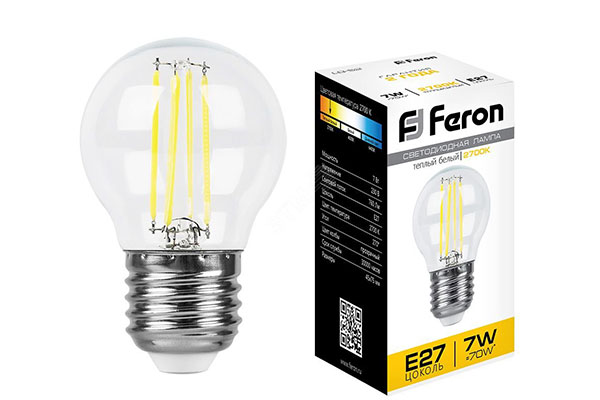 лампа диодная G45  7Вт E27 6400к филамент FERON