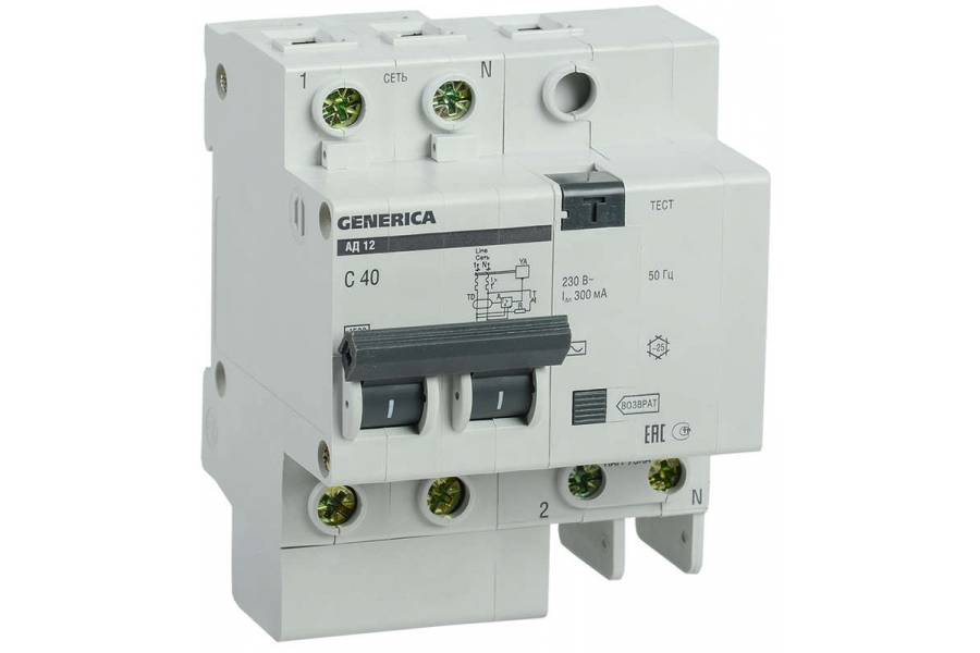 Выключатель автоматический дифференциального тока 2п 40А 300мА АД12 GENERICA ИЭК MAD15-2-040-C-300