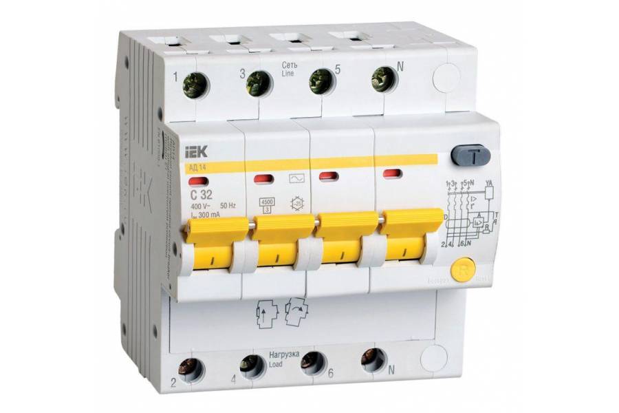 Выключатель автоматический дифференциального тока 4п C 32А 300мА тип AC 4.5кА АД-14 IEK MAD10-4-032-C-300
