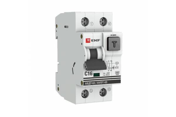 Выключатель автоматический дифференциального тока 1п+N 2мод. C 16А 30мА тип A 6кА АВДТ-63 (электромех.) PROxima EKF DA63-16-30