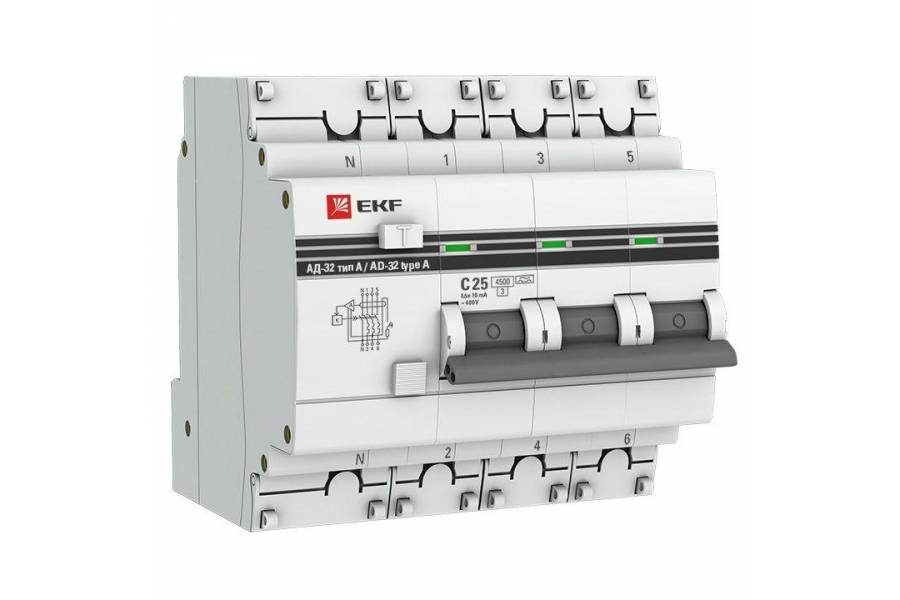 Выключатель автоматический дифференциального тока 3п+N C 32А 30мА тип AC 4.5kA АД-32 PROxima EKF DA32-32-30-4P-pro