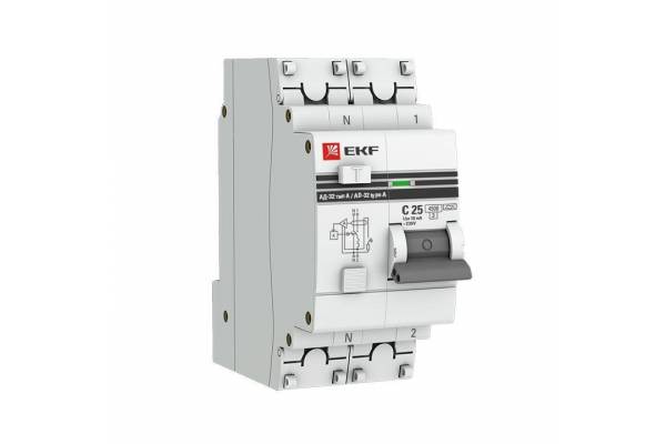 Выключатель автоматический дифференциального тока 1п+N 2мод. C 25А 30мА тип AC 4.5кА АД-32 PROxima EKF DA32-25-30-pro
