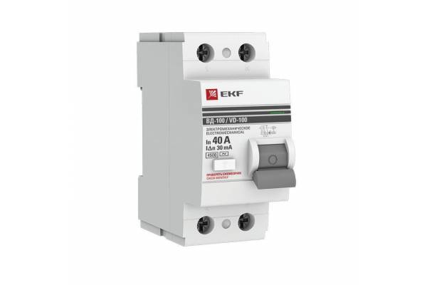 Выключатель дифференциального тока (УЗО) 2п 40А 30мА тип AC ВД-100 (электромех.) PROxima EKF elcb-2-40-30-em-pro