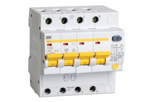 Выключатель автоматический дифференциального тока 4п C 63А 100мА тип AC 4.5кА АД-14 IEK MAD10-4-063-C-100