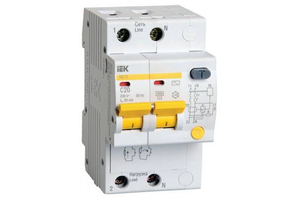 Выключатель автоматический дифференциального тока 2п C 20А 30мА тип AC 4.5кА АД-12 IEK MAD10-2-020-C-030