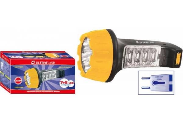 Фонарь LED3818 (аккум 220В черн./желт. 7+8 LED 2 режима SLA) Ultraflash 10973