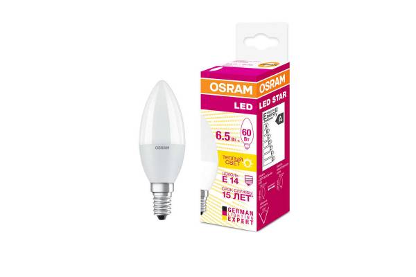 Лампа светодиодная LED STAR CLASSIC B 60 6.5W/830 6.5Вт свеча 2700К тепл. бел. E14 550лм 220-240В матов. пласт. OSRAM 4058075134171