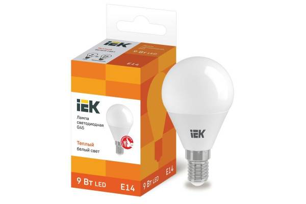 Лампа светодиодная ECO G45 9Вт шар 3000К E14 230В IEK LLE-G45-9-230-30-E14