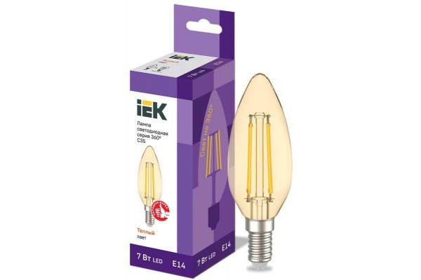 Лампа светодиодная филаментная 360° 7Вт C35 свеча 2700К E14 230В золото IEK LLF-C35-7-230-30-E14-CLG