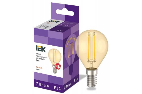 Лампа светодиодная филаментная 360° 7Вт G45 шар 2700К E14 230В золото IEK LLF-G45-7-230-30-E14-CLG