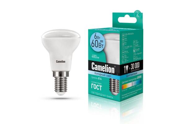 Лампа светодиодная LED6 R50/845/E14 6Вт 4500К бел. E14 480лм 220-240В Camelion 11659