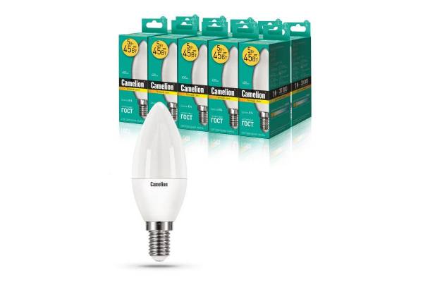 Лампа светодиодная LED5-C35/830/E14 5Вт свеча 3000К тепл. бел. E14 390лм 220-240В Camelion 12031