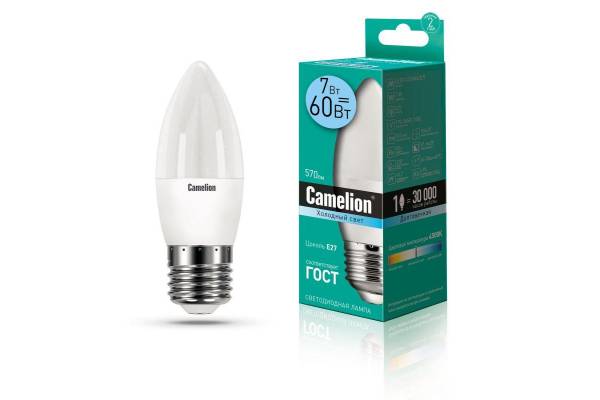 Лампа светодиодная LED7-C35/845/E27 7Вт свеча 4500К бел. E27 560лм 220В Camelion 12078