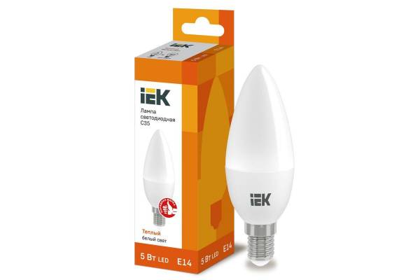 Лампа светодиодная ECO C35 5Вт свеча 3000К тепл. бел. E14 450лм 230-240В IEK LLE-C35-5-230-30-E14