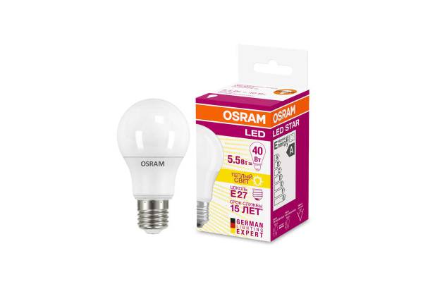Лампа светодиодная LED STAR CLASSIC A 40 5.5W/827 5.5Вт грушевидная 2700К тепл. бел. E27 470лм 220-240В матов. пласт. OSRAM 4052899971516
