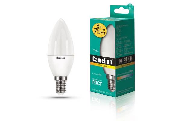 Лампа светодиодная LED8-C35/830/E14 8Вт свеча 3000К тепл. бел. E14 720лм 170-265В Camelion 12385