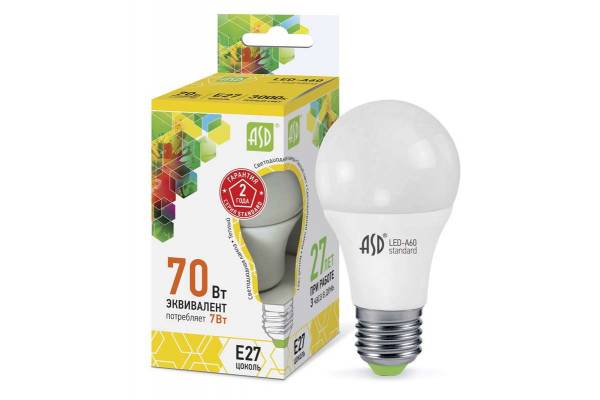 Лампа светодиодная LED-A60-standard 7Вт грушевидная 3000К тепл. бел. E27 630лм 160-260В ASD 4690612001692