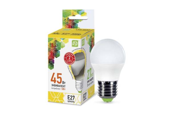 Лампа светодиодная LED-шар-standard 5Вт шар 3000К тепл. бел. E27 450лм 160-260В ASD 4690612002163