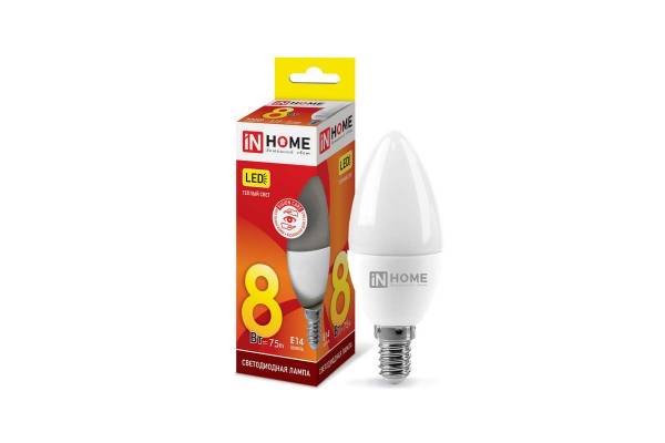 Лампа светодиодная LED-СВЕЧА-VC 8Вт 230В E14 3000К 720лм IN HOME 4690612020426