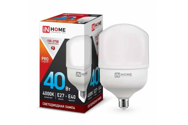 Лампа светодиодная LED-HP-PRO 40Вт 230В 4000К E27 3600лм с адаптером IN HOME 4690612031095