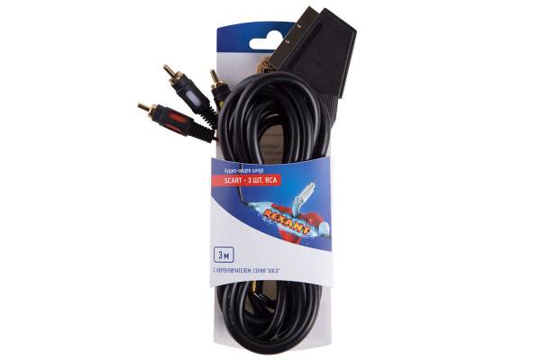 Шнур SCART - 3RCA с переключателем 3м (GOLD) блист. Rexant 06-3071